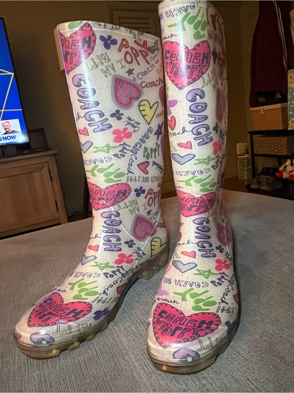 Coach Multicolor Heart & Logo Knee-High Rain Boots